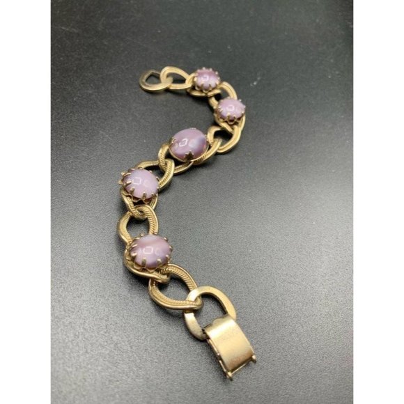chunky chain double link bracelet gold tone with purple moonglow glass stones - Picture 2 of 5